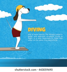 The ridiculous cartoon dog jumps in water. Vector illustration