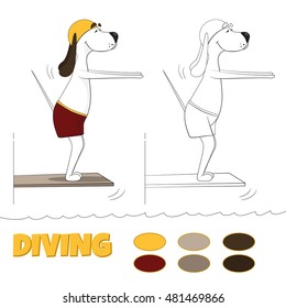 The ridiculous cartoon dog jumps in water from tower. Vector illustration for coloring book