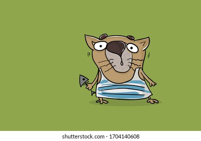 Ridiculous cat with bones from a fish and in a singlet. Design for preschool kids. Funny animal character in  doodle style