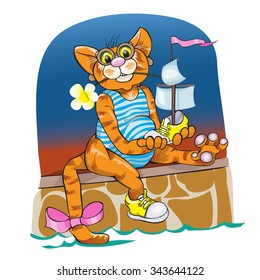 The ridiculous cat plays with the toy ship.Vector