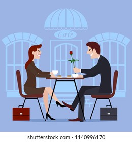 Ridiculous comical people. a romantic meeting in cafe. flat style.