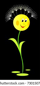 Ridiculous dandelion on a black background. The dandelion smiles.