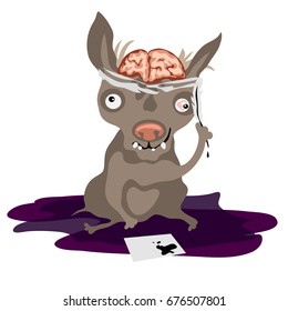 Ridiculous dog sitting in a puddle and holding in the paw a writing pen isolated on a white background. Failed experiment to transplant a human brain to a dog. Vector cartoon close-up illustration.
