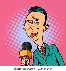 ridiculous funny weird reporter correspondent journalist male. television and radio, Internet broadcasting. Comic book cartoon pop art retro vector illustration drawing