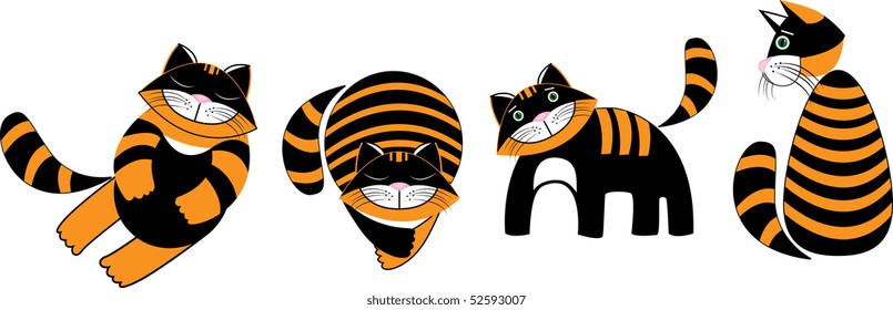 Ridiculous kittens in an orange and black strip on a white background