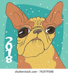 Ridiculous portrait of funny dog, breed French bulldog, yellow color. Lettering 2018. Zodiac sign of new year according to the Chinese calendar. Snow background. Vector illustration