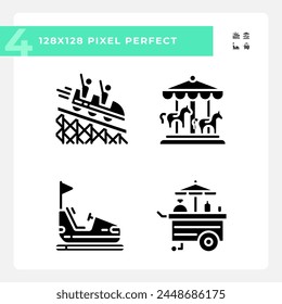 Riding amusement pixel perfect black glyph icons set on white space. Fairground attraction. Adrenaline vacation. Customizable thin line symbols. Isolated vector outline illustrations. Editable stroke