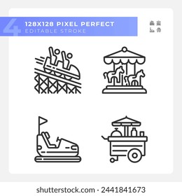 Conjunto de iconos lineales perfectos de píxel de diversión de conducción. Atracción de ferias. Vacaciones de adrenalina. Carrusel redondo. Símbolos de línea fina personalizables. Ilustraciones aisladas de contorno vectorial. Trazo editable