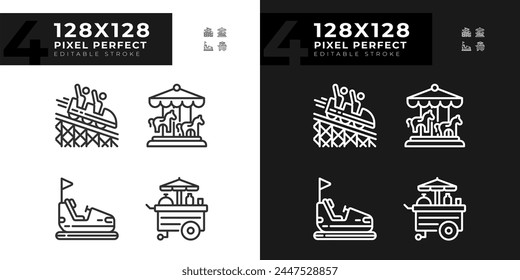 Iconos lineales perfectos del pixel de la diversión del montar establecidos para el modo oscuro, claro. Atracción de ferias. Carrusel redondo. Símbolos de línea fina para el tema de noche, día. Ilustraciones aisladas Trazo editable