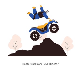 Riding an ATV and performing stunts on challenging tracks, outdoor activities, extreme sports vector illustration.