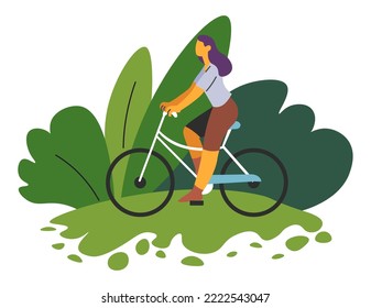 Riding bicycle, ecologically friendly transport and means of transportation. Woman on bike surrounded by greenery and leaves. Nature and sustainability, alternatives and care. Vector in flat style