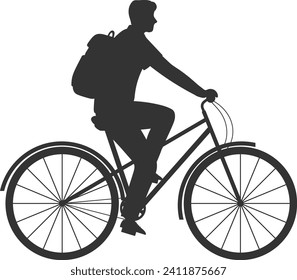 Ilustración vectorial plana de bicicleta en bicicleta. Hombre
montar en bicicleta y apresurarse a trabajar personaje de dibujos animados. Vehículo de ciudad ecológico, ciclismo. Actividad deportiva. Plano
Ilustración de silueta aislada en blanco