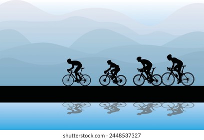 Riding a bicycle for health Black silhouette vector Mountain nature background