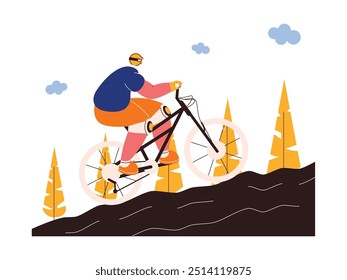 Riding a bicycle on uphill and bumpy obstacles, outdoor activities, extreme sports vector illustration.