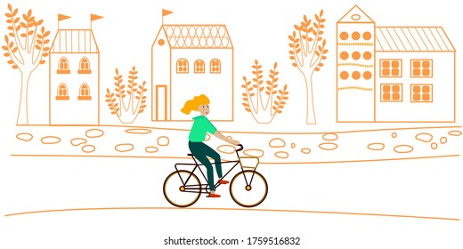 Riding bicycle in the street. Cartoon woman on bike, sports and outdoor activities. Vintage buildings view. Colorful vector illustration.