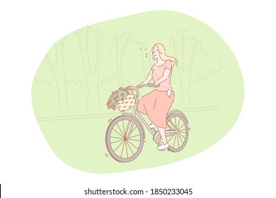 Riding bicycle in summer concept. Young smiling woman cartoon character in dress enjoying going on bicycle and listening to music in park in summer. Transportation, leisure, entertainment 
