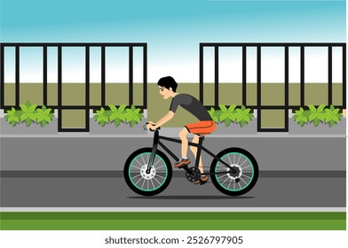riding a bicycle vector graphic design with fence and road designs
