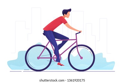 Riding a bicycle. Vector illustration of a young man cycling around the city.