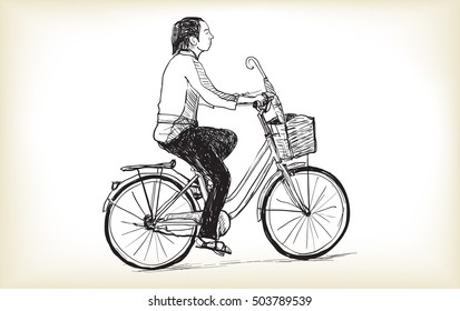 riding bicycle a woman, free hand drawing, vector and illustration

