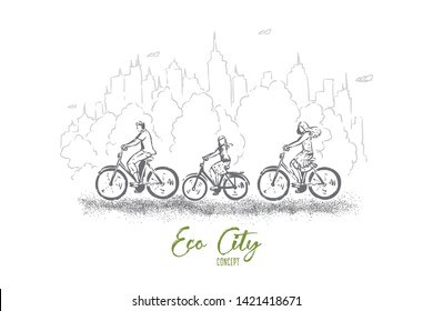 Riding bicycles through park, spending weekend with children, healthy lifestyle choices, balance between nature and city. Quality time with family concept sketch. Hand drawn vector illustration