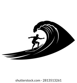 Riding Big Ocean Wave Silhouette Vector - Surfing Sport Icon