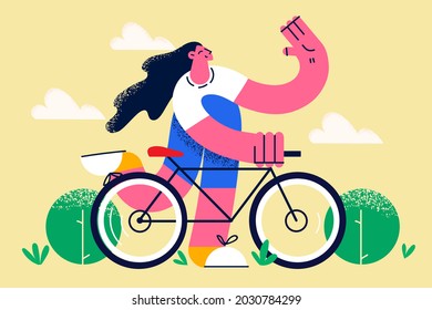 Riding Bike and active lifestyle concept. Smiling pretty brunette hipster girl with long hair riding fixed gear bicycle outdoors during summer vector illustration 