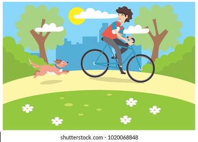 riding a bike with a dog in the park, vector illustration