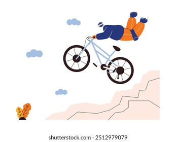 Riding a bike down a challenging obstacle course in freestyle, extreme sports vector illustration.