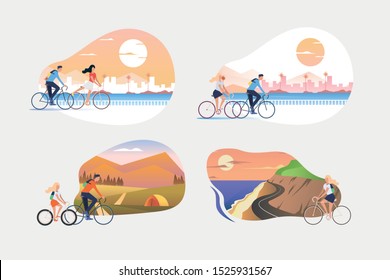 Riding bike illustration set. People riding bicycles outdoors, in city, along seaside. Activity concept. Vector illustration for posters, banners, flyers