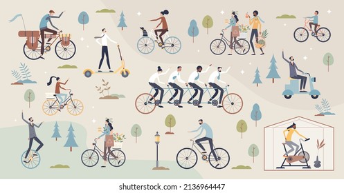 Riding bike set with various bicycle activity athletes tiny person collection. Outdoor biking activity for modern and hypster transportation method vector illustration. Elements with cycling lifestyle