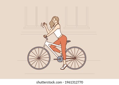 Riding Bike and street activities concept. Smiling pretty hipster slim girl with long brown hair riding fixed gear bicycle and waving hand vector illustration 