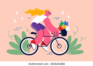 Riding Bike and street summer activities concept. Smiling pretty blonde hipster slim girl with long hair riding fixed gear bicycle with flowers in basket vector illustration 