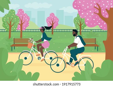 Riding bikes in spring park flat color vector illustration. Smiling woman and man on bicycles. Healthy lifestyle. Happy african american couple 2D cartoon characters with urban garden on background