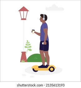 Riding boy on electric self balancing hoverboard. Latest generation personal transportation gadget flat vector illustration