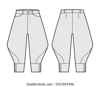 Riding breeches short pants technical fashion illustration with knee length, low waist, rise, curved pocket, buttoned. Flat bottom template front, back, grey color style. Women, men CAD mockup