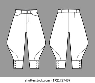 Ropa calzoncillos pantalones cortos ilustración técnica de moda con longitud de rodilla, cintura baja, alza, bolsillo curvo, abotonado. Estilo de color blanco y frontal de la plantilla inferior plana. Mujeres, hombres se burlan de CAD