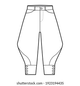 Riding breeches short pants technical fashion illustration with knee length, low waist, rise, curved pocket, buttoned. Flat bottom template front, white color style. Women, men CAD mockup