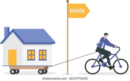 Riding and businessmen pulling house. Mortgage Refinancing Loan

