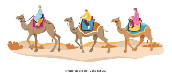 Viajando en camellos en el desierto, ecoturismo aislado y vacaciones en Egipto con guías locales y gente. Personajes sentados sobre los animales, arena pasajera y clima caliente de África. Vector de estilo plano