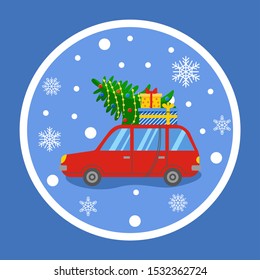 Riding car with pine tree and garlands. Snowing weather and automobile loaded with presents and gifts in boxes. Rounded sticker with white line. Red auto in snowfall, spruce with glowing bulbs vector