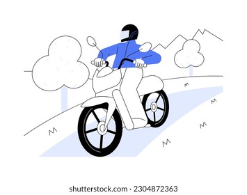 Riding in a countryside abstract concept vector illustration. Young hipster man riding a motorbike countryside, personal transport owner, summer holidays, village lifestyle abstract metaphor.