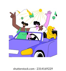 Riding with a dog isolated cartoon vector illustrations. Happy couple riding in a car with a dog, people lifestyle, summer travel, road trip with pet, leisure time together vector cartoon.