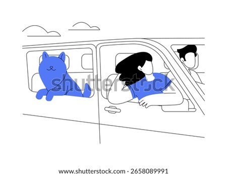 Riding with a dog isolated cartoon vector illustrations. Happy couple riding in a car with a dog, people lifestyle, summer travel, road trip with pet, leisure time together vector cartoon.