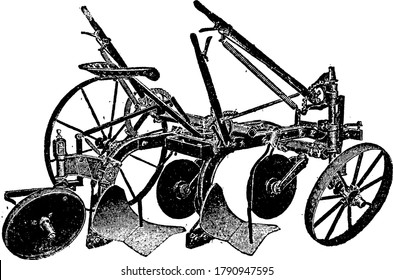 Der Riding-Bandpflug hat mehrere Flügel im unteren Bereich , Vintage-Linie Zeichnung oder Gravur-Illustration.