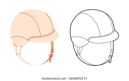 Riding Half Helmet Equestrian Hat with chin band. Head Fashion accessory cap clothing technical illustration. Vector headgear for Men, women style, flat template CAD mockup sketch outline isolated