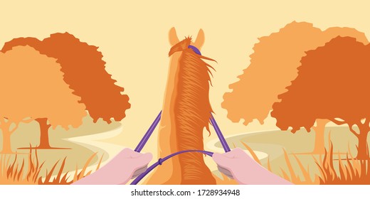 Riding a horse and enjoying the nature happily.
Illutration about ride the horse.