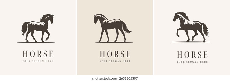 Riding Horse Head Silhouette Logo Set Vector 2026 New Year Symbol Riding Illustration White Shape Black Isolated Icon Animal Art Card Collection