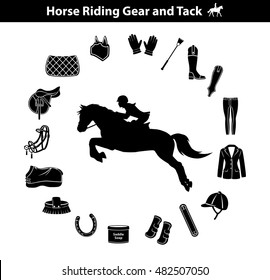 Riding Horse Silhouette. Equestrian Sport Equipment Icons Set. Gear Tack accessories. Jacket, english saddle, breeches, boots, chaps, whip, horseshoes,, pad, blanket, girth, fly mask, snaffle bit