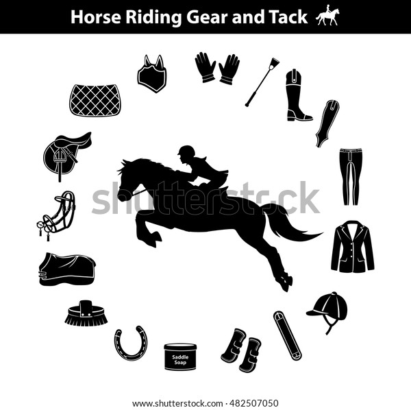 Riding Horse Silhouette. Equestrian Sport Equipment\
Icons Set. Gear Tack accessories. Jacket, english saddle, breeches,\
boots, chaps, whip, horseshoes,, pad, blanket, girth, fly mask,\
snaffle bit
