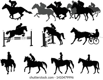 riding horses silhouettes set. equestrian sport and recreation - vector